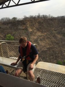 Mike prepping for bungee jumping at Vic Falls at Zambia/Zimbabwe Border